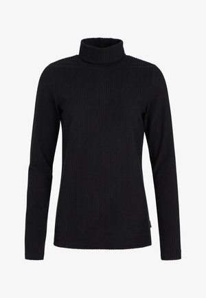 Sort ribbet højhalset sweater med lange ærmer, som har et tekstureret stof og en bølget kant ved halsudskæringen og manchetterne.