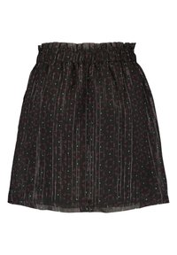 Mustat hameet, joissa on joustava vyötärö, kukkakuosisia ja vaaleanpunaisia ja valkoisia pystysuoria raidoituksia. Valmistettu kevyestä kankaasta.