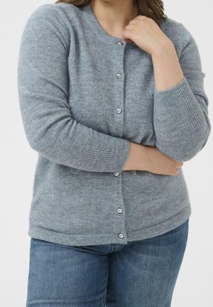 Kvinde iført en lysegrå, knappet trøje med lange ærmer og blå jeans, med armene krydset og den ene hånd tæt ved hagen.