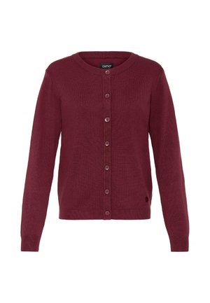 Bordó kardigán bordázott kötött anyagból, kerek nyakkivágással, gombos előlappal és hosszú ujjal. Illeszkedő gombokkal és texturált részletekkel rendelkezik.