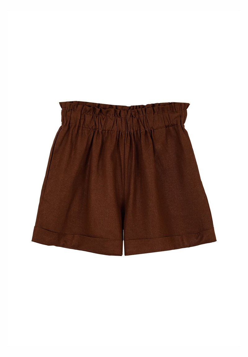 Bruine linnen shorts met een elastische tailleband, voorzien van een relaxte pasvorm, opgerolde zoom en een textuurstof.