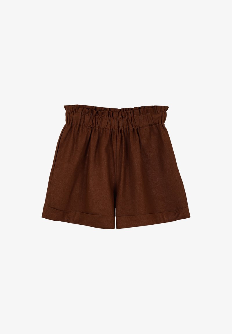 Bruine linnen shorts met een elastische tailleband, voorzien van een relaxte pasvorm, opgerolde zoom en een textuurstof.
