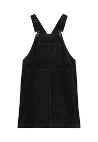 Robe salopette en velours côtelé noir avec bretelles ajustables, poche avant et poches latérales ; tissu texturé, forme droite, longueur genoux.