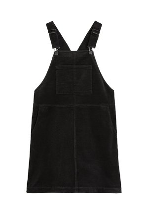 Robe salopette en velours côtelé noir avec bretelles ajustables, poche avant et poches latérales ; tissu texturé, forme droite, longueur genoux.