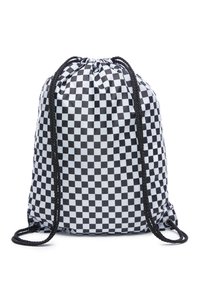 Dragsäck i svart och vitt rutmönster, tillverkad av lättviktig tyg. Utrustad med stadiga svarta flätade snören.