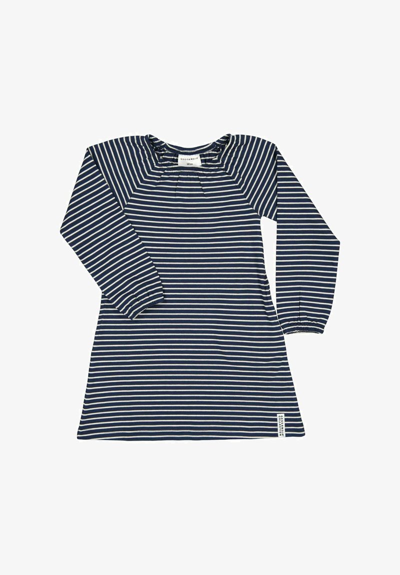 Laivastonsininen ja valkoinen raidallinen pitkähiha dressi, jossa on kerrostettu kaula-aukko ja joustavat hihansuut, valmistettu pehmeästä kankaasta. Merkki näkyy helman kohdalla.