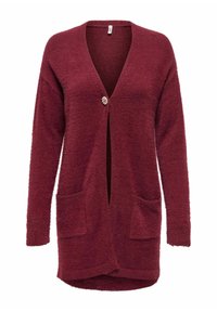 Burgundia kardigan pehmest, tekstuursete kangast, millel on sügav V-kaelus, üks dekoratiivne nupp ja kaks esist pihku.