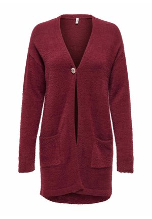 Bordo kardigan napravljen od mekanog, teksturiranog materijala, s dubokim V-izrezom, jednim dekorativnim dugmetom i dva prednja džepa.
