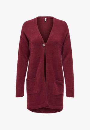 Bordo kardigan napravljen od mekanog, teksturiranog materijala, s dubokim V-izrezom, jednim dekorativnim dugmetom i dva prednja džepa.
