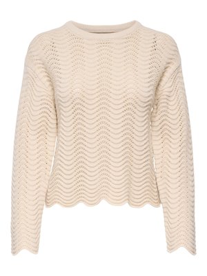Pull en maille à manches longues de couleur crème avec un motif texturé ondulé et des bords festonnés aux poignets et à l'ourlet.