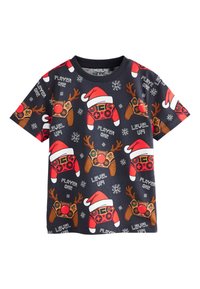 Dunkelblaues T-Shirt mit kurzen Ärmeln, mit Rentieren, die Weihnachtsmützen und Gaming-Controller tragen, verziert mit Schneeflocken und dem Schriftzug "LEVEL UP!"