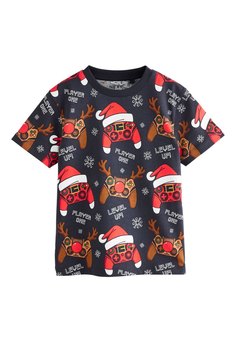 Dunkelblaues T-Shirt mit kurzen Ärmeln, mit Rentieren, die Weihnachtsmützen und Gaming-Controller tragen, verziert mit Schneeflocken und dem Schriftzug "LEVEL UP!"