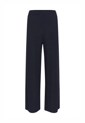 Pantalons à jambe large en marine foncé, avec une texture côtelée, une taille élastique et sans matériel ou motifs visibles.