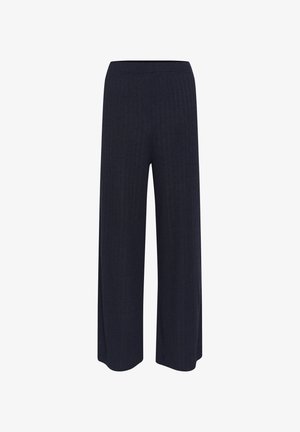 Pantalons à jambe large en marine foncé, avec une texture côtelée, une taille élastique et sans matériel ou motifs visibles.