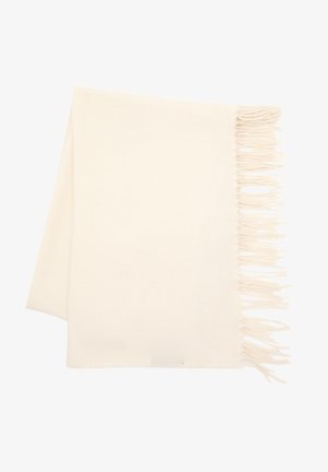 Cremefarbener Schal aus weichem Material, mit fransigen Enden und glatter Oberfläche. Rechteckige Form ohne erkennbare Muster.