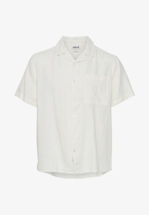 Košile s krátkým rukávem, na knoflíky, v jemné krémové lněné tkanině. Obsahuje náprsní kapsu, klasický límec a jemnou strukturu s rovním lemem.
