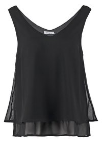 Blouse noire sans manches avec côtés et ourlet superposés en tulle transparent, col en V, et étiquette de marque à l'intérieur du col.