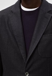 Blazer grigio scuro indossato sopra un maglione a collo rotondo viola scuro e una t-shirt bianca a collo rotondo, accorciato al collo e a metà torace.