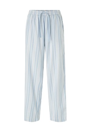 Lichtblauwe gestreepte broek met een brede snit, elastische tailleband en drawstring. Gemaakt van zachte stof met verticale witte strepen.