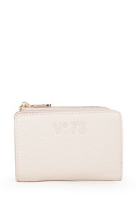 Portafoglio in pelle color crema con logo in rilievo, chiusura con cerniera e esterno terrazzo. Forma rettangolare con bordi arrotondati e dettagli in metallo dorato.