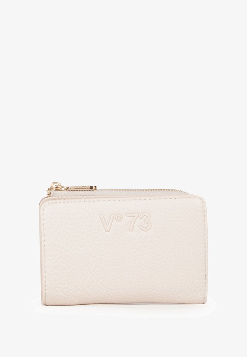 Portafoglio in pelle color crema con logo in rilievo, chiusura con cerniera e esterno terrazzo. Forma rettangolare con bordi arrotondati e dettagli in metallo dorato.
