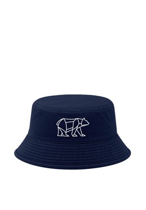 Marineblauer Bucket-Hut mit weißem geometrischem Bärendesign, mittig vorne angebracht.