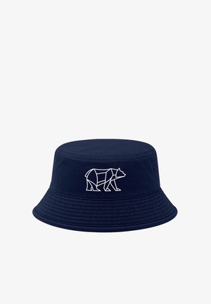 Navy blue bucket hat with a white geometric bear design centered on the front.
