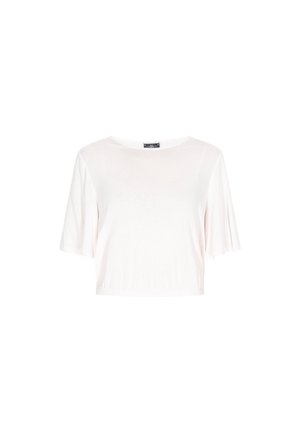 Biały, krótki t-shirt z krótkimi, rozszerzającymi się rękawami i okrągłym dekoltem. Wykonany z lekkiej tkaniny o gładkiej fakturze.