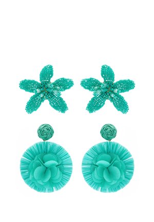 Two pairs of turquoise earrings, one shaped like beaded flowers and the other with fabric flowers and ruffled edges.