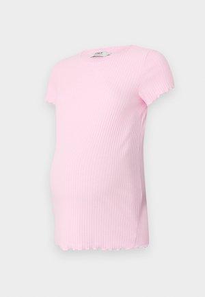 T-shirt de maternité rose à côtes avec des manches courtes et un ourlet festonné. Tissu extensible, conçu pour un confort optimal durant la grossesse.