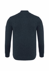 Pull bleu foncé avec manches longues, col montant et ourlets et poignets côtelés. Fabriqué à partir d'un tissu en tricot texturé.