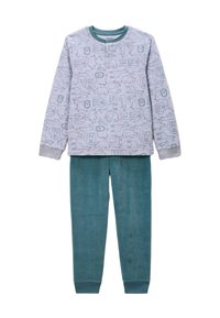Haut à manches longues gris clair avec des motifs animaliers, associé à un pantalon doux bleu-vert. Les deux présentent des poignets côtelés et un design à col rond.