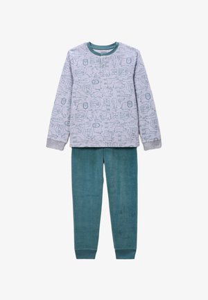 Haut à manches longues gris clair avec des motifs animaliers, associé à un pantalon doux bleu-vert. Les deux présentent des poignets côtelés et un design à col rond.