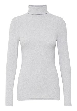 Suéter de cuello alto gris claro con mangas largas, hecho de una tela suave y elástica. Presenta un diseño ajustado y costuras mínimas para una apariencia suave.