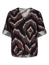 Brown and black patterned blouse with a v-neck, short sleeves, and button details. Features an abstract zigzag design in varying textures.