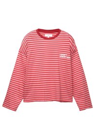Maglietta a maniche lunghe a righe orizzontali rossa e rosa con colletto rosso e testo bianco "NON SO COME" sulla parte sinistra del petto.