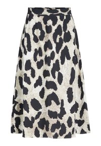 Jupe en imprimé léopard avec un motif noir et crème, en tissu léger. Design évasé avec des plis pour plus de mouvement.