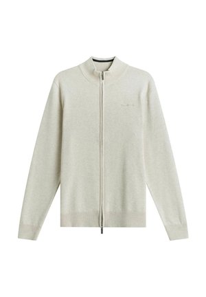 Cardigan gris clair à fermeture éclair avec un col montant, des poignets et un ourlet côtelés. Texture douce avec un logo discret sur la poitrine gauche.