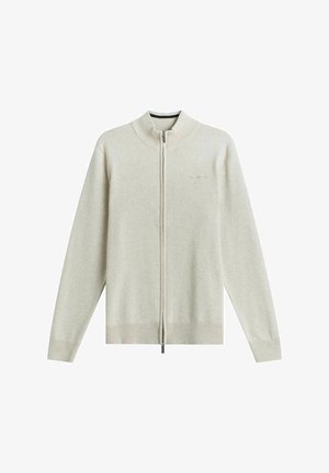 Cardigan gris clair à fermeture éclair avec un col montant, des poignets et un ourlet côtelés. Texture douce avec un logo discret sur la poitrine gauche.