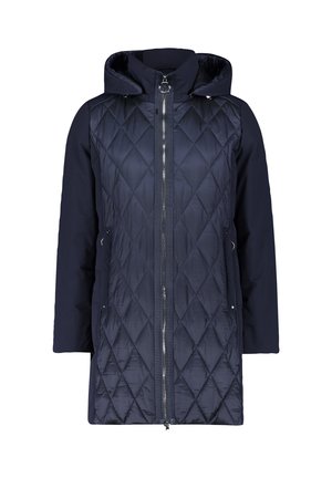 Veste matelassée marine avec fermeture éclair, capuche et tissu contrastant sur les manches. La texture est lisse avec un motif de losanges sur le devant.