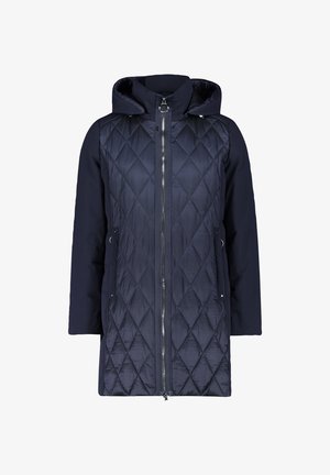 Veste matelassée marine avec fermeture éclair, capuche et tissu contrastant sur les manches. La texture est lisse avec un motif de losanges sur le devant.