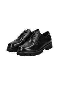 Chaussures de ville en cuir noir avec une finition lisse, des détails perforés sur le bout, une semelle en caoutchouc plate et un design classique à lacets.