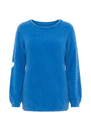Niebieski, długi rękaw, puszysty sweter z okrągłym dekoltem i elastycznymi mankietami, z małą białą łatką na lewym rękawie.