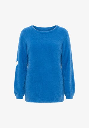 Niebieski, długi rękaw, puszysty sweter z okrągłym dekoltem i elastycznymi mankietami, z małą białą łatką na lewym rękawie.