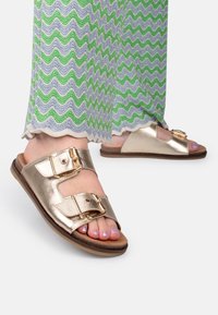 Zlaté kovové skluzné sandály se dvěma nastavitelnými popruhy na přezku, umístěné na pozadí vícerozměrných kalhot s vlnitým vzorem v zelené a modré barvě.