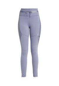 Fialové sportovní legíny vyrobené ze strečového materiálu. Vysoký pas s šňůrkou, konturové švy a malé černé logo na dolní části nohy.