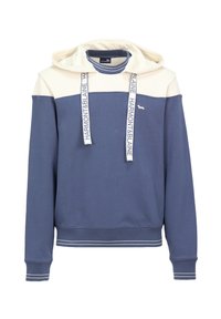 Sudadera con capucha de diseño bicolor; cuerpo azul marino, panel superior crema, acentos a rayas y cordones de marca. Textura de tela suave.