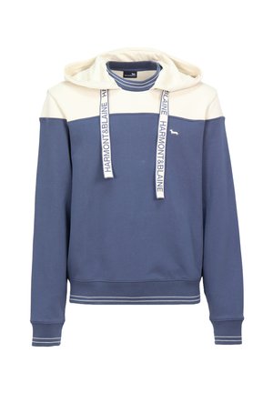 Hooded majica s dvotonskim dizajnom; temno modro telo, kremna zgornja plošča, črtasti poudarki in blagovne znamke zavezovalke. Mehak otip tkanine.