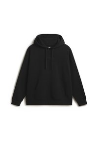 Sweat à capuche noir en tissu doux, doté d'une poche avant, de cordons de serrage ajustables et d'un logo brodé sur la poitrine. Coupe décontractée.