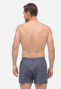 Hombre sin camiseta visto desde atrás que lleva puestos unos calzoncillos a cuadros azul y blanco, contra un fondo blanco liso.